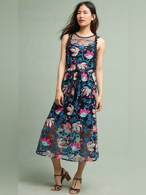 Eva Franco Stevie Black Midi Dress with Pink and Turquoise Floral Embroidery. 4